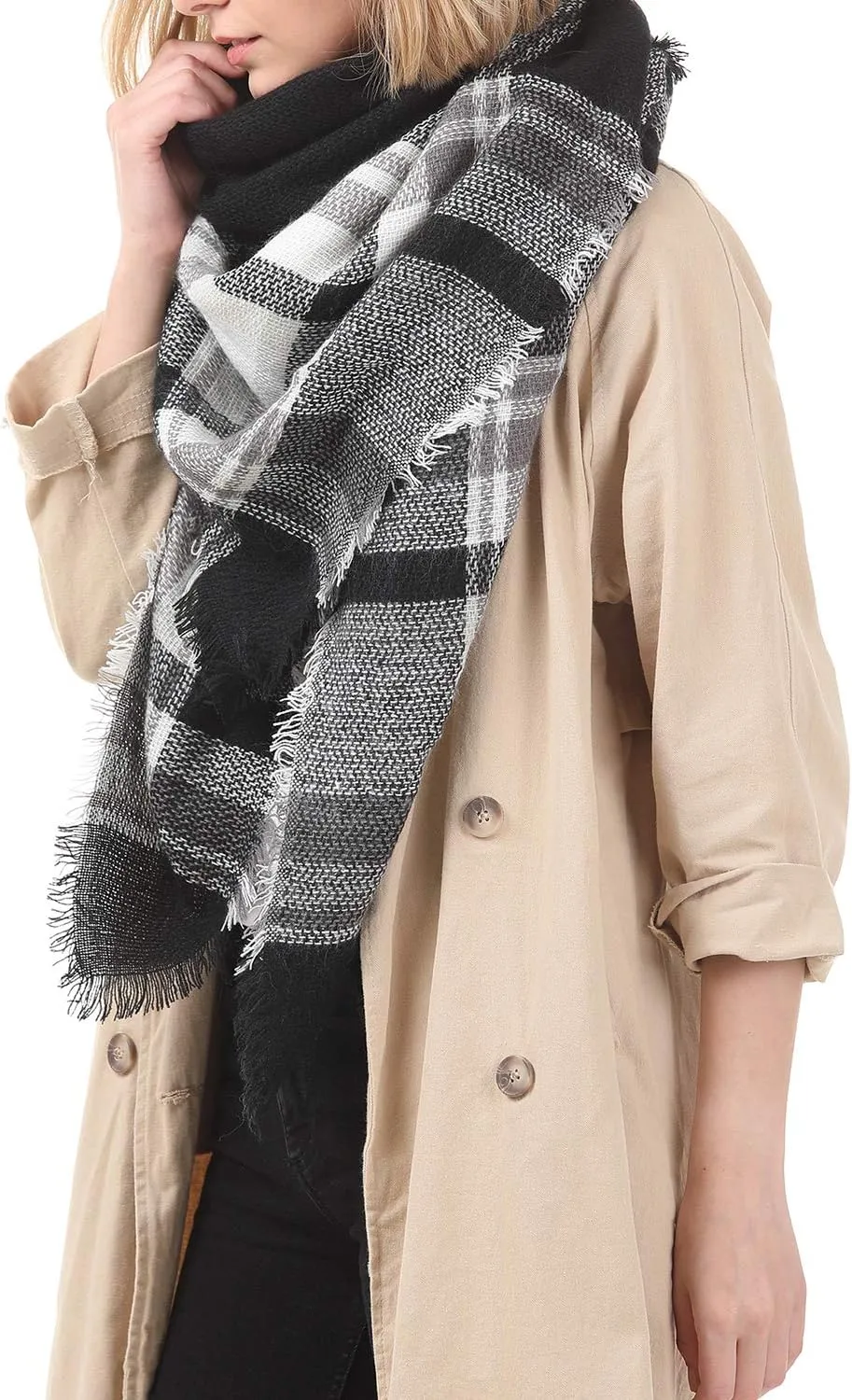 Zando Plaid Blanket Thick Winter Scarf Tartan Chunky Wrap Oversized Shawl Cape Scarves