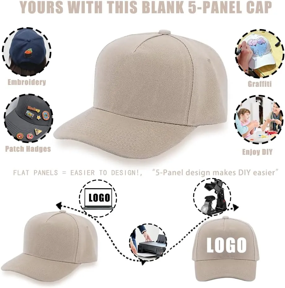 ZH 12 PC 5 Panel Baseball caps, Bulk Baseball caps, Customizable DIY Design, Wholesale Caps, One-Size-Fits-All