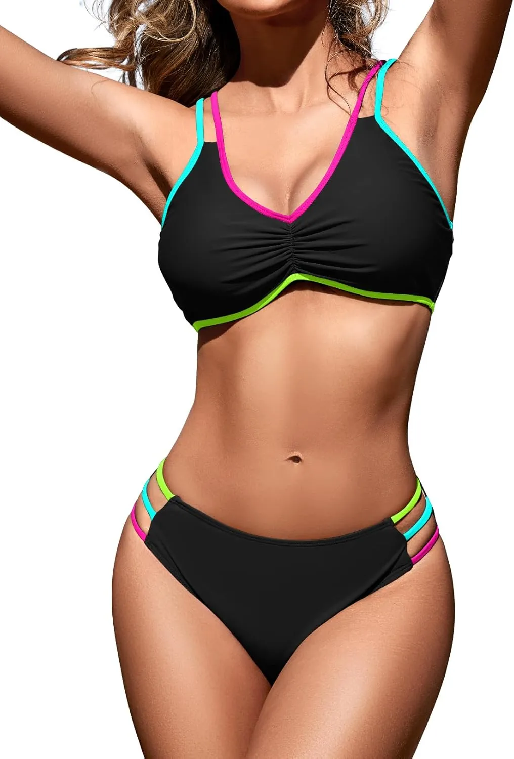 Zilcremo Women Two Piece Bikini Double Strap Swimsuits Hollow Out Bathing Suit Mid Waist Bikini Sets