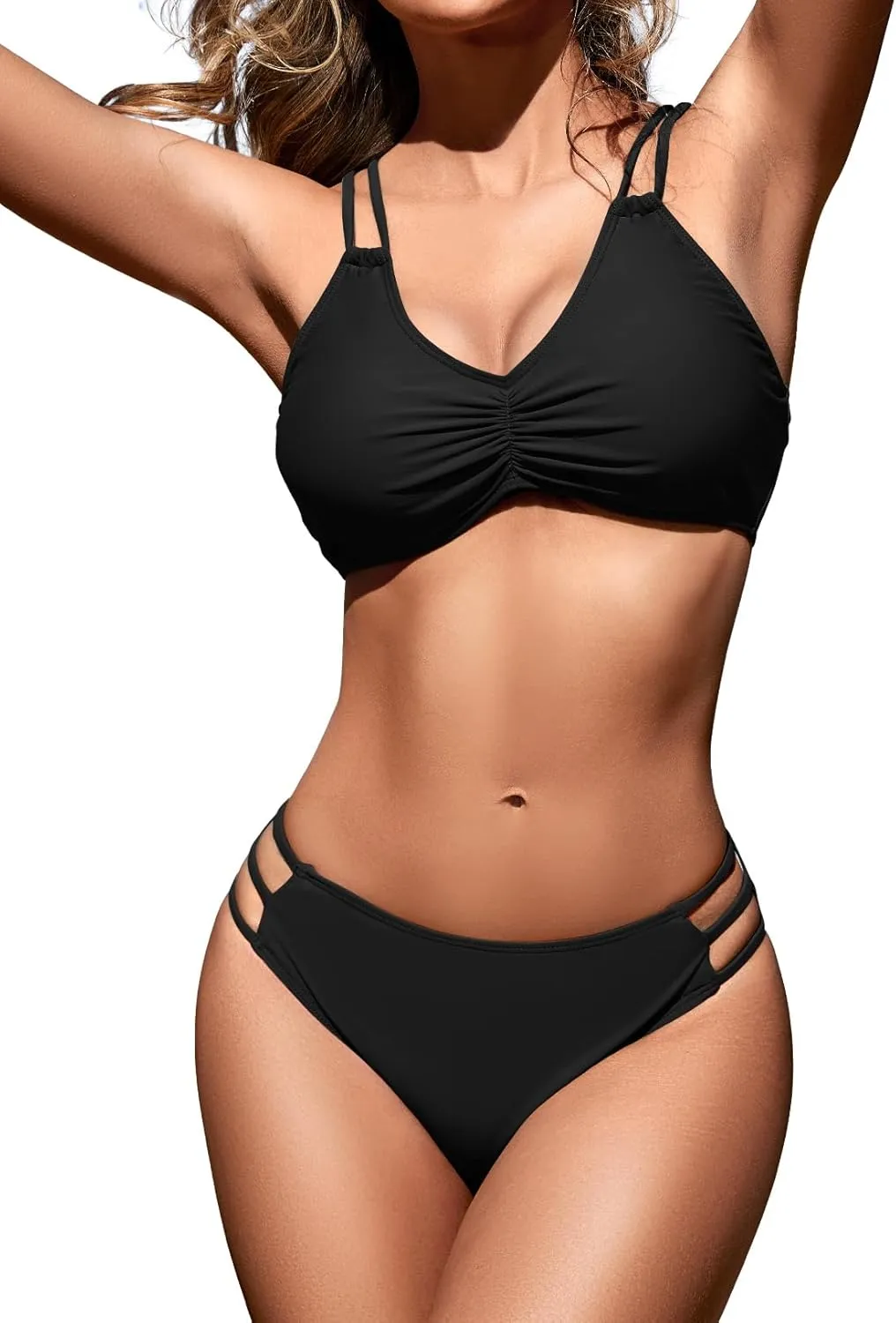 Zilcremo Women Two Piece Bikini Double Strap Swimsuits Hollow Out Bathing Suit Mid Waist Bikini Sets